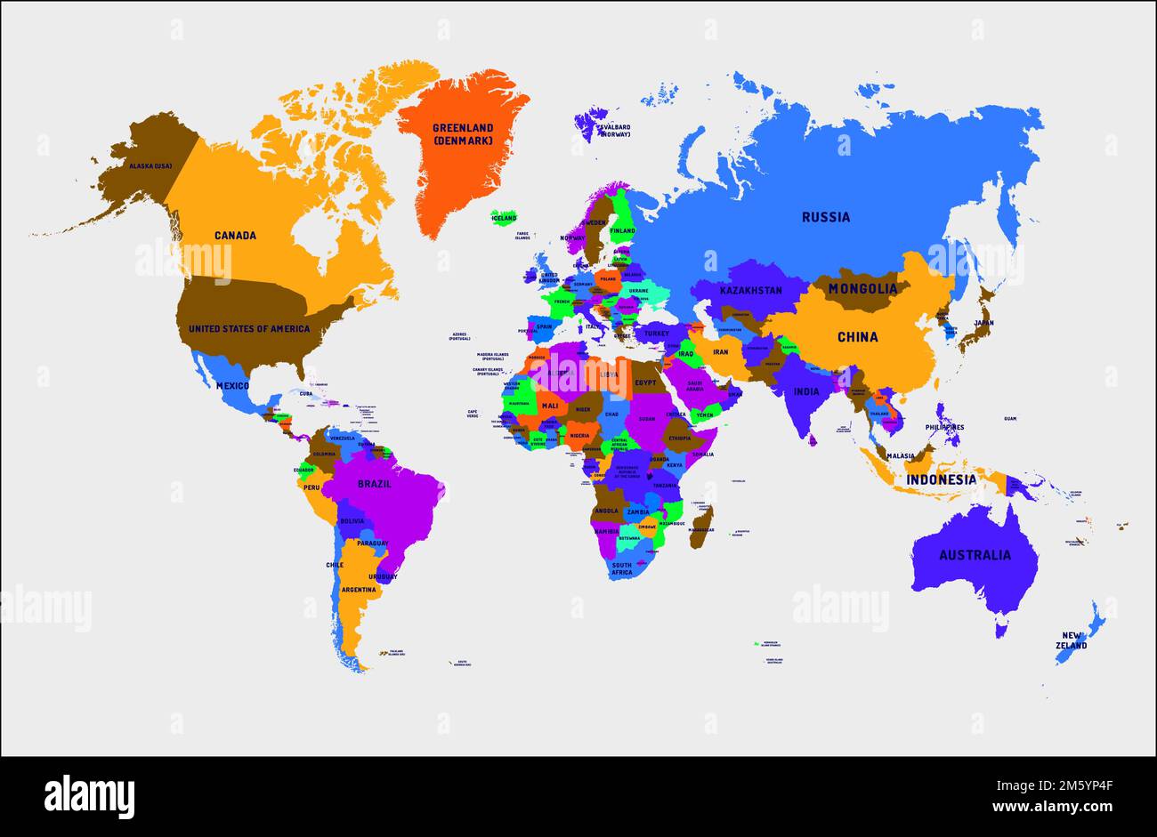 Carte du monde colorée avec noms de pays, rivières, lacs, îles. Cartes politiques, planète Cartographie. Géographie carte politique, World Land Atlas Vector Ill Illustration de Vecteur