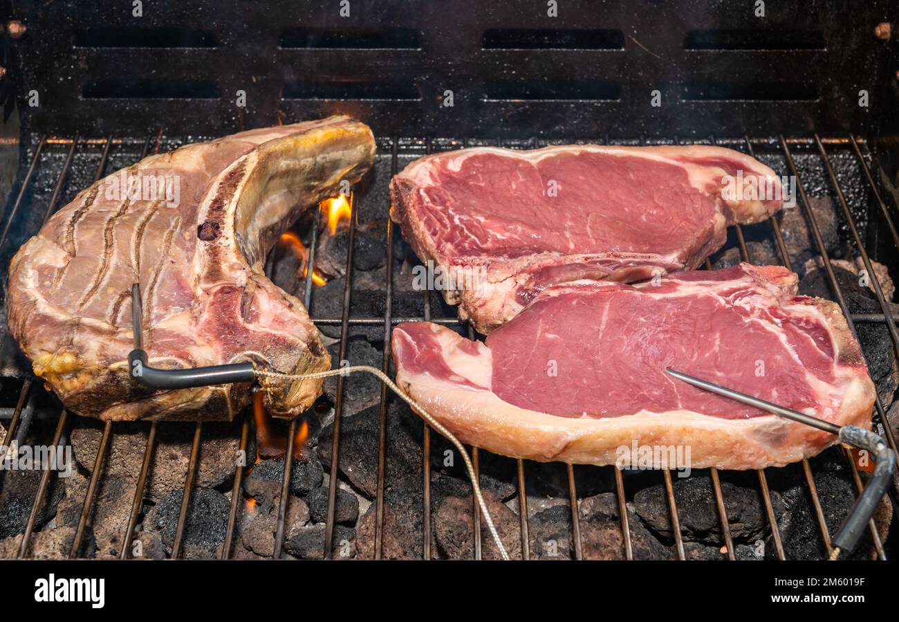 Steak de t-bone grillé (steak de bœuf) sur un barbecue avec thermomètre à viande. Focus sélectif - Trentin-Haut-Adige, nord de l'Italie - Europe Banque D'Images