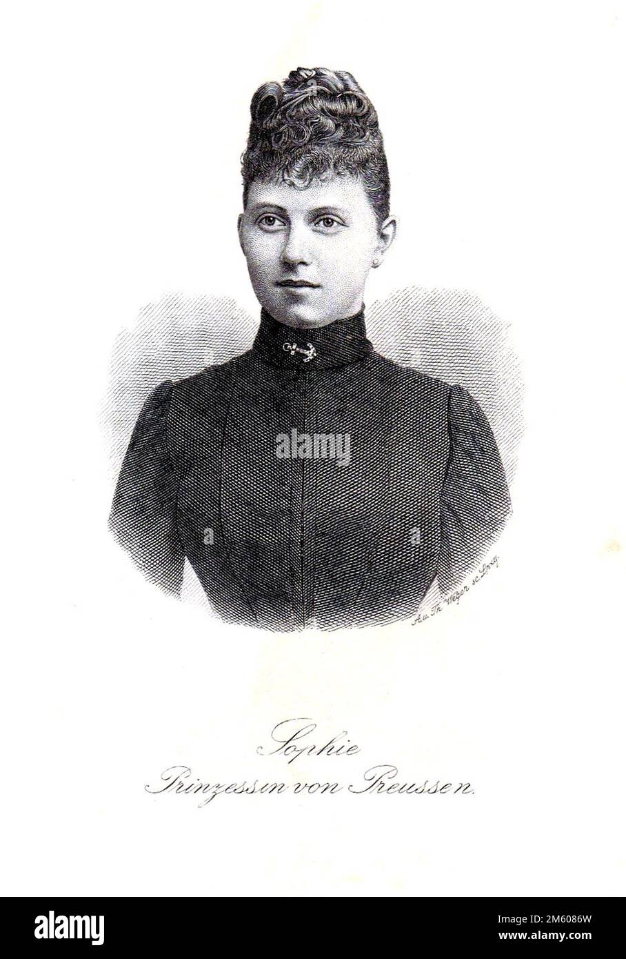 Stahlstich von A. Weger, Leipzig mit dem Porträt von Prinzessin Sophie, Prinzessin von Preußen UM 1889. Prinzessin Sophie Dorothea Ulrike Alice von Preußen va (* 14. Juni 1870 im Neuen Palais zu Potsdam; † 13. Januar 1932 in Frankfurt am main) war durch Heirat Kronprinzessin von Griechenland und von 1913 bis 1917 erneut von 1920 bis 1922 Königin der Hellenen. Août Weger (geboren am 28. Juli 1823 à Nürnberg; gestalben am 27. Mai 1892 à Leipzig) war ein deutscher Grafiker, Stahlstecker und Drucker. Banque D'Images