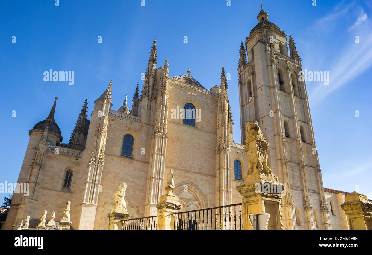 Lions à la porte de la cathédrale historique de Ségovie, Espagne Banque D'Images