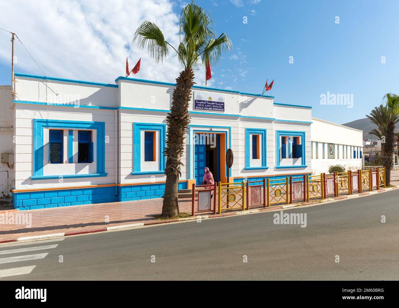 Ecole Halima école d'essai Art déco architecture coloniale espagnole bâtiment, Sidi Ifni, Maroc, Afrique du Nord Banque D'Images