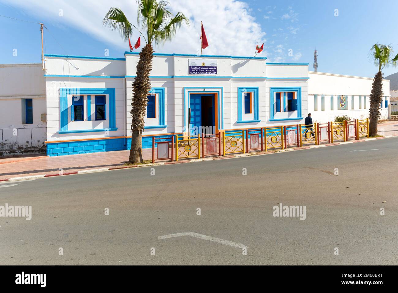 Ecole Halima école d'essai Art déco architecture coloniale espagnole bâtiment, Sidi Ifni, Maroc, Afrique du Nord Banque D'Images
