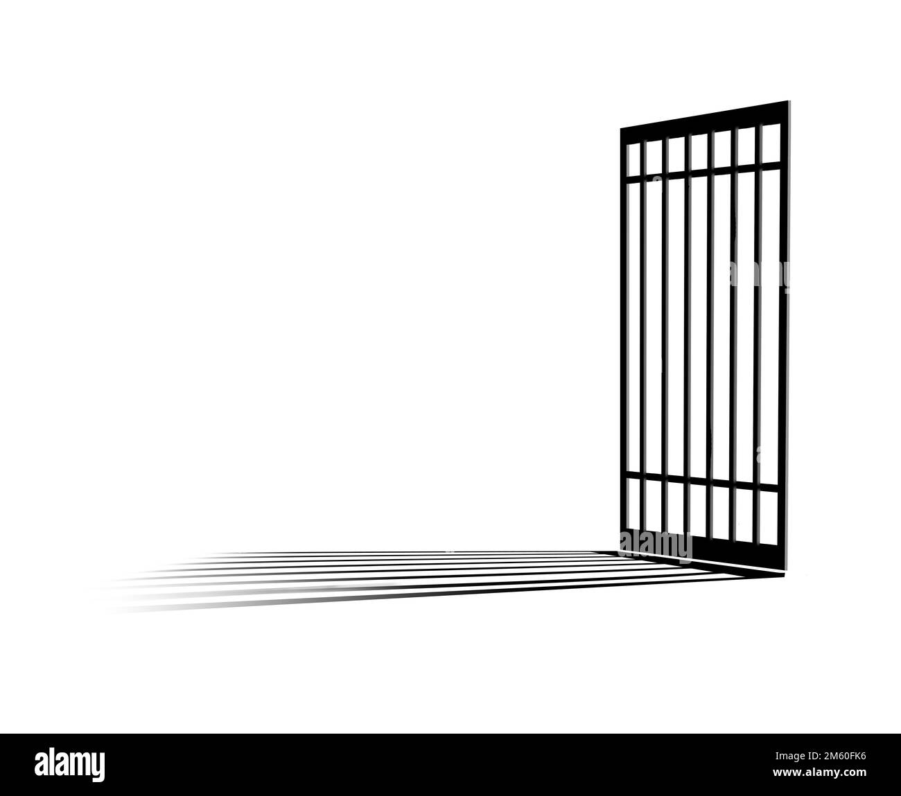 Une cellule de prison est vue dans une simple image graphique en noir et blanc isolée sur blanc. Il s'agit d'une illustration 3-d avec des ombres. Banque D'Images