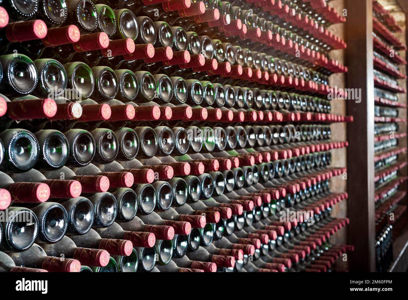Beaucoup de bouteilles dans une rangée empilée sur une étagère de cave de vinification, Lanzarote, Espagne Banque D'Images