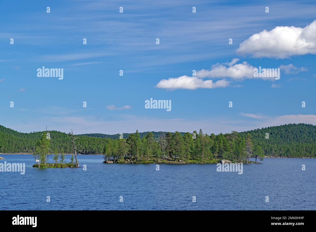 Lac solitaire avec une île avec des rochers et des pins, été, Ivalo, Laponie, Finlande Banque D'Images