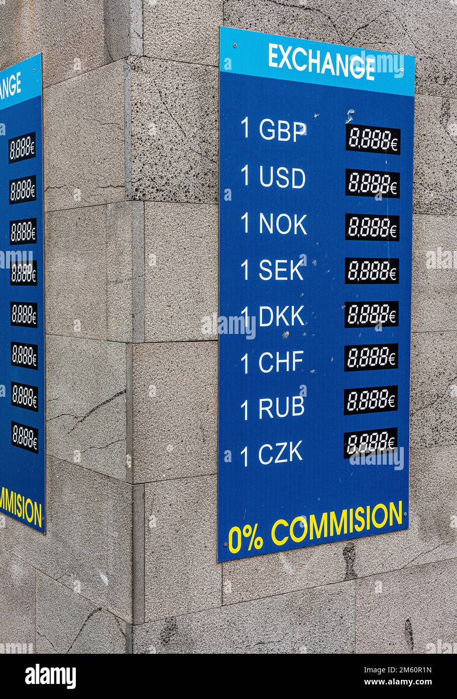 Change, carte de l'ancien mur avec taux de change, Lanzarote, Îles Canaries, Espagne Banque D'Images