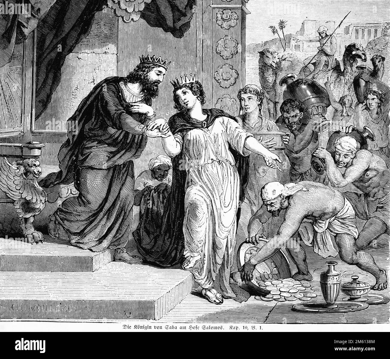 Reine de Sheba à la cour du roi Solomo, Bible, ancien Testament, Premier Livre des Rois, Chapitre 10, verset 1, illustration historique 1850 Banque D'Images