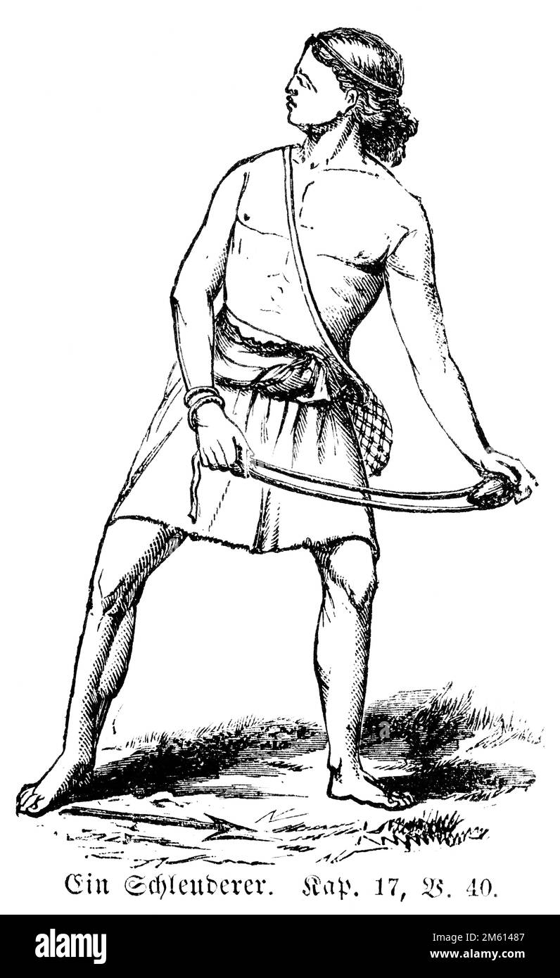 Saül eut une anse à bande et cinq pierres et partit à Philistin, Bible, ancien Testament, Premier Livre de Samuel, Chapitre 17, verset 40, iIllustration historique Banque D'Images