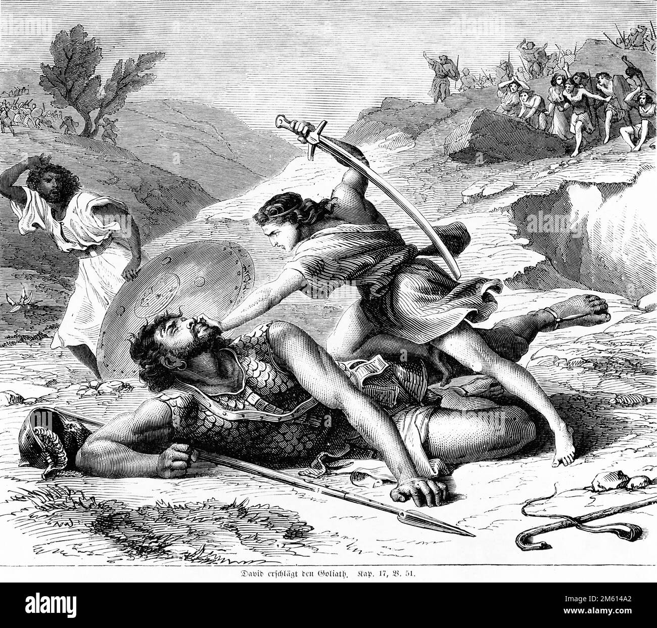 David tue le Philiste, Goliath Slain, Bible, ancien Testament, Premier Livre de Samuel, Chapitre 17, verset 51, iIllustration historique vers 1850 Banque D'Images