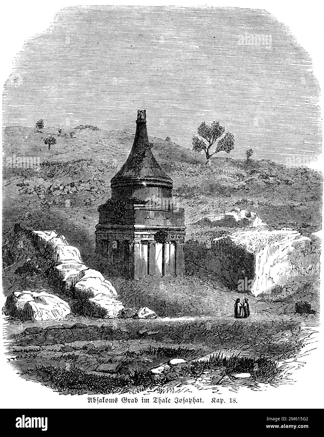 Tombe d'Absalom dans la vallée de Josophat, Bible, ancien Testament, deuxième Livre de Samuel, Chapitre 18, illustration historique 1850 Banque D'Images
