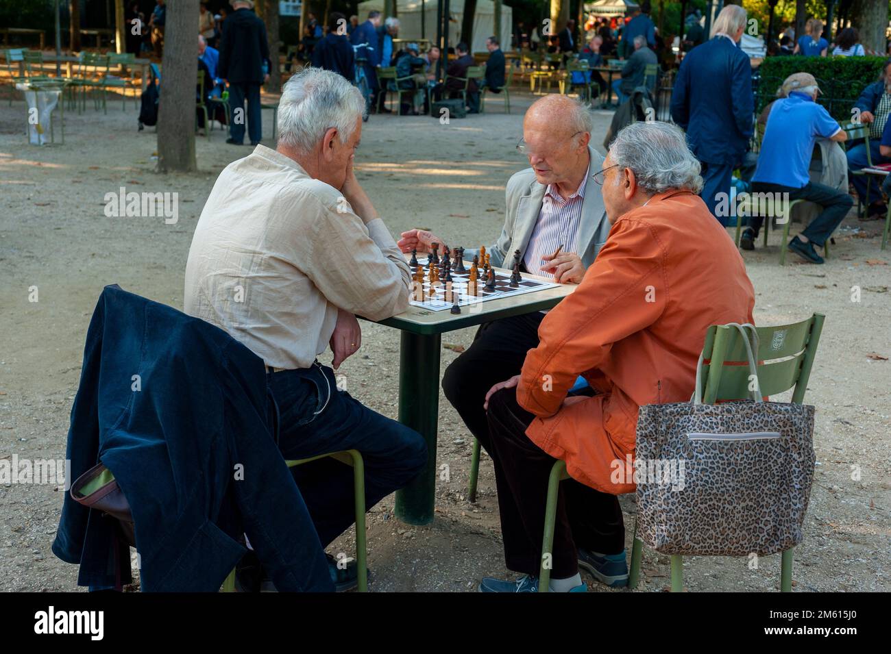 Paris, France, personnes en petit groupe, hommes seniors assis à l'extérieur jouant aux échecs sur table dans les jardins du Luxembourg Banque D'Images
