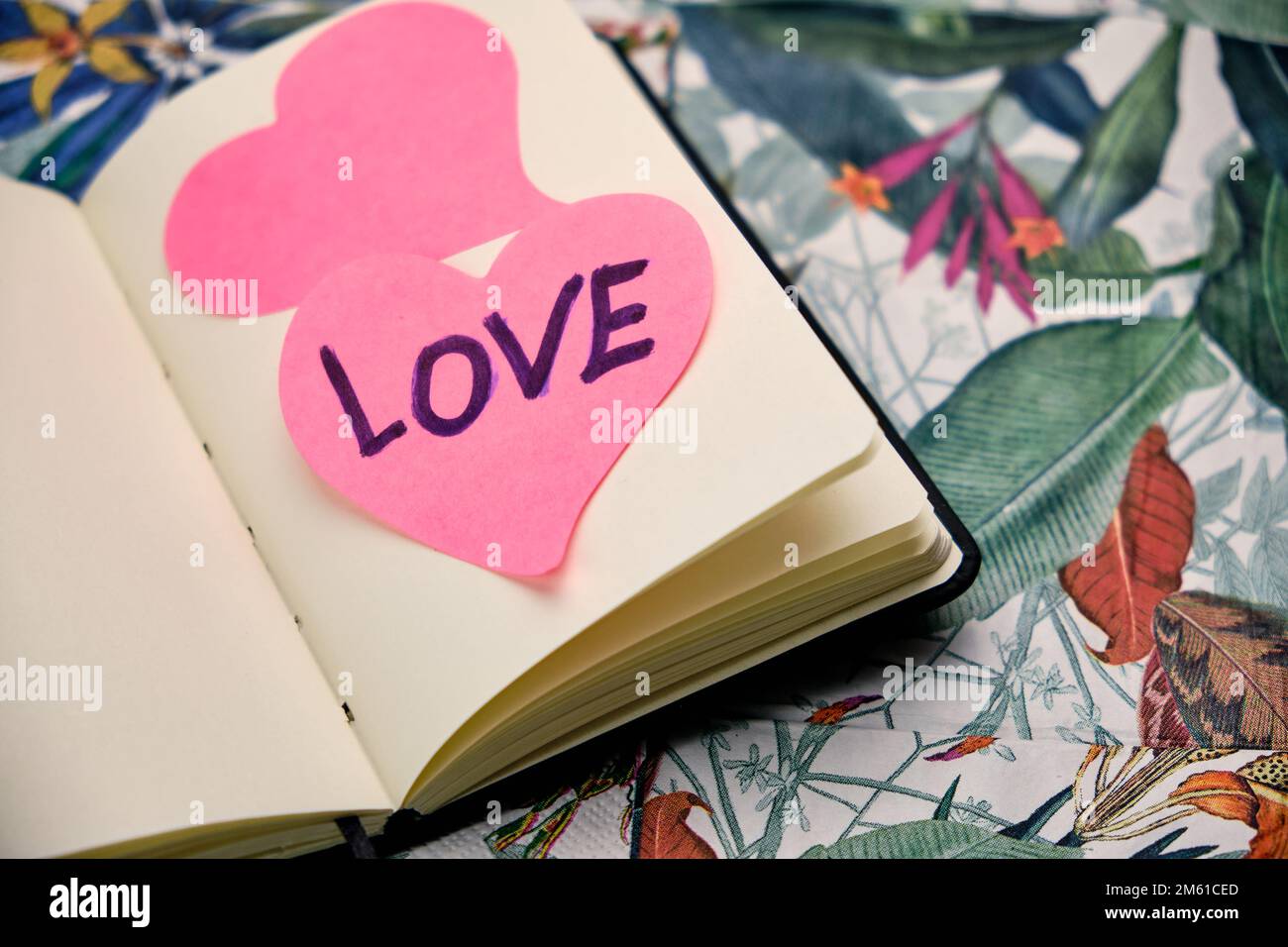 Ouvrez le carnet à une feuille vierge avec deux coeurs roses sur une feuille écrite le mot Amour, sur une table avec un motif tropical. Banque D'Images