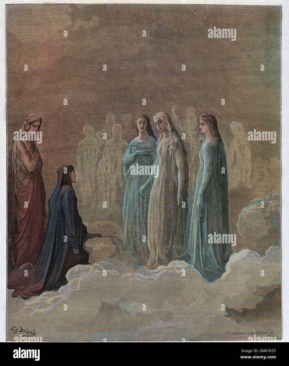 La Divine Comédie de Dante Alighieri , Paradiso, Canto 3 : le premier Royaume : Piccarda Donati et les âmes dont les voeux avaient été brisés - par Dante Alighieri (1265-1321) - Illustration de Gustave Dore (1832-1883), 1885 - colorisation numérique d'apres l'original Banque D'Images