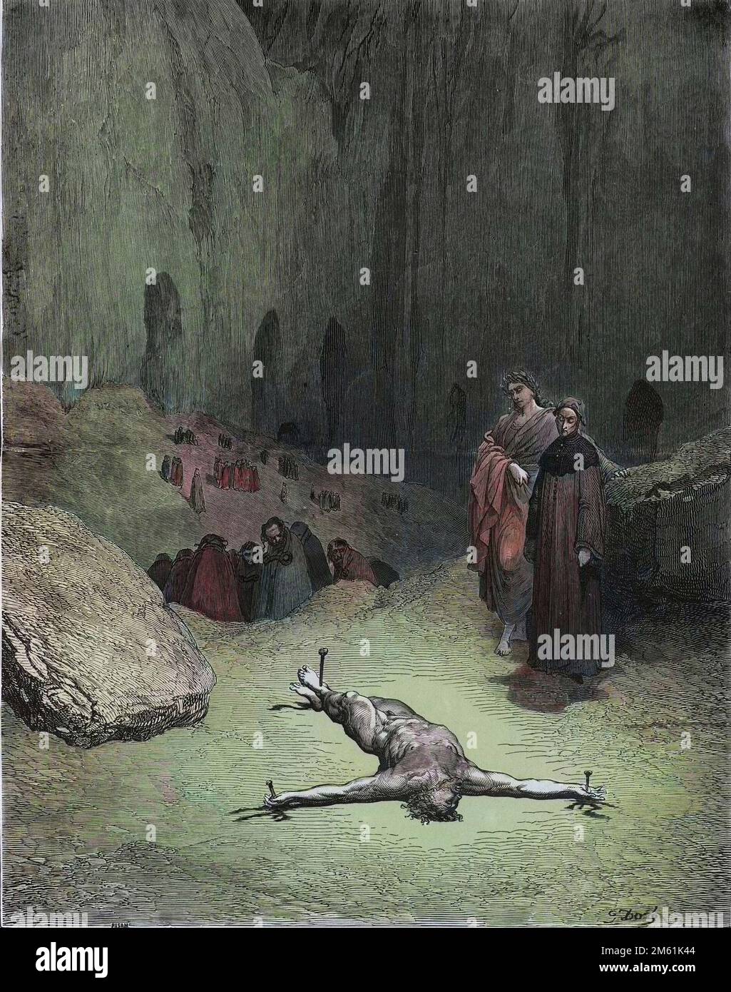 La Divine Comédie de Dante Alighieri , Inferno, Canto 23 : Un Pharisif crucifié parmi les hypocrites - par Dante Alighieri (1265-1321) - Illustration de Gustave Dore (1832-1883), 1885 - colorisation numérique originelle d'apres l'ALE Banque D'Images