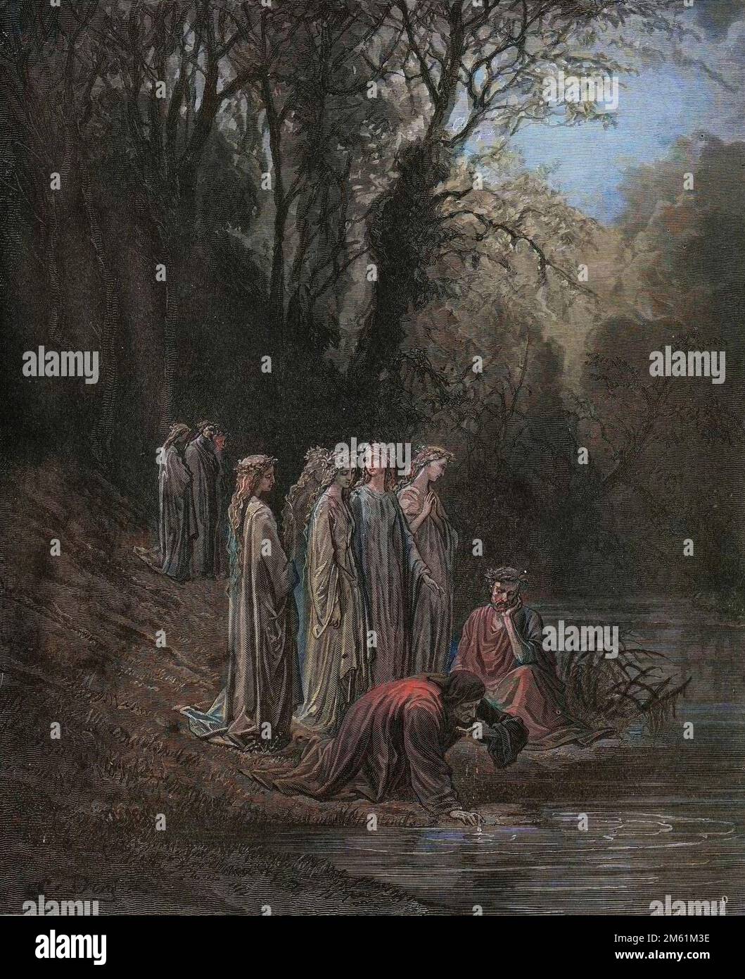 La Divine Comédie de Dante Alighieri , Purgatorio, Canto 33 : Dante boissons de la rivière Eunoe - par Dante Alighieri (1265-1321) - Illustration de Gustave Dore (1832-1883), 1885 - colorisation numérique d'après l'originale Banque D'Images