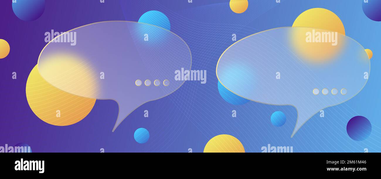Boîtes de dialogue de discussion en style d'effet de morphisme en verre. Sphère de parole transparente en acrylique dépoli sur les cercles de dégradé de couleur mat de glassmorphisme réaliste Illustration de Vecteur