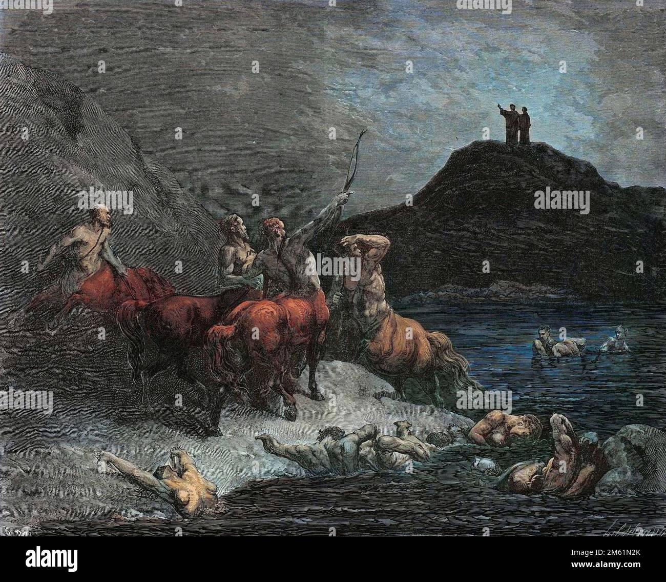 La Divine Comédie de Dante Alighieri , Inferno, Canto 12 : Nessus (Nessos) et les centeurs - par Dante Alighieri (1265-1321) - Illustration de Gustave Dore (1832-1883), 1885 - colorisation numérique d'après l'original Banque D'Images