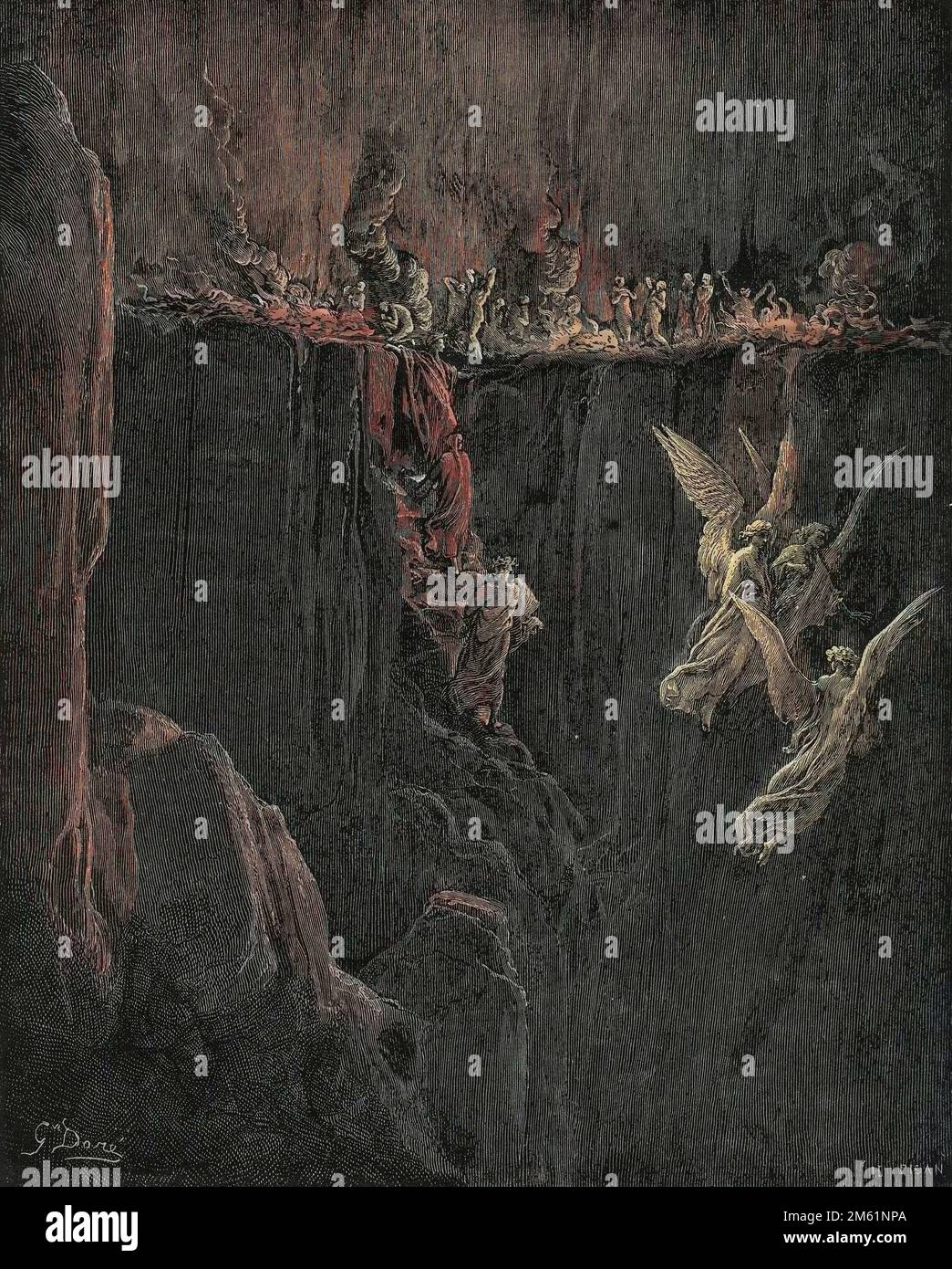 La Divine Comédie de Dante Alighieri , Purgatorio, Canto 25 : Virgile et Dante montent au septième cercle à travers les flammes - par Dante Alighieri (1265-1321) - Illustration de Gustave Dore (1832-1883), 1885 - colorisation numérique d'apres l'originale Banque D'Images