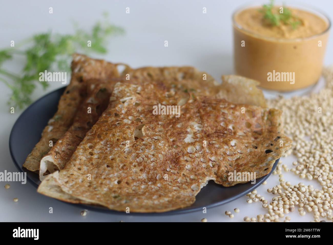 Instant Jowar dosa est un plat de petit-déjeuner indien rapide et facile, fait avec de la farine de jowar en la mélangeant avec de l'eau et cuit sur une poêle anti-adhésive préchauffée. S Banque D'Images