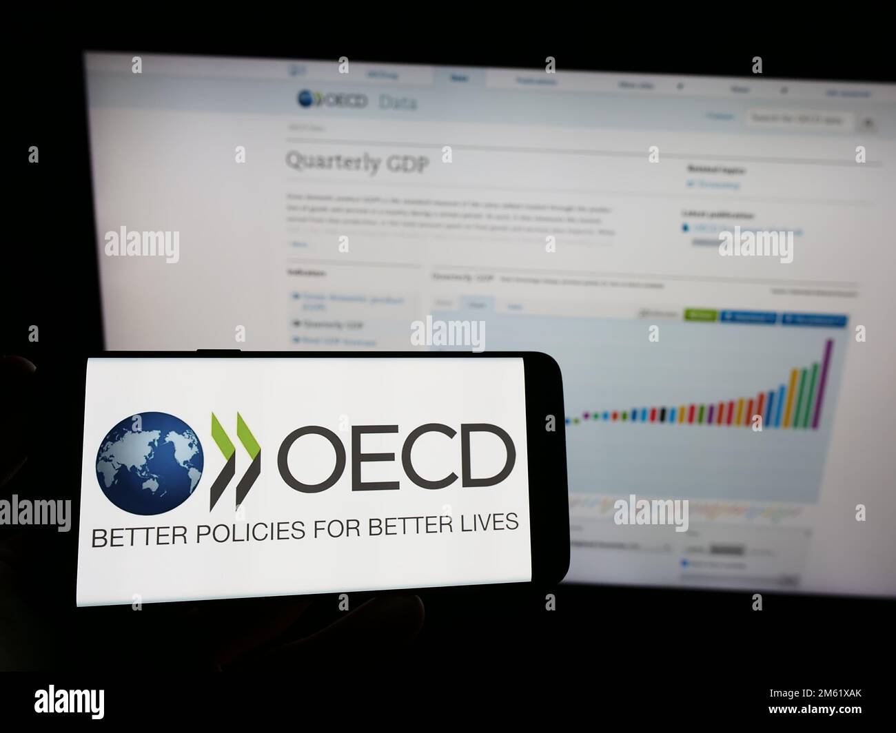 Personne portant un smartphone avec le logo de l'organisation intergouvernementale OCDE à l'écran devant le site Web. Mise au point sur l'affichage du téléphone. Banque D'Images