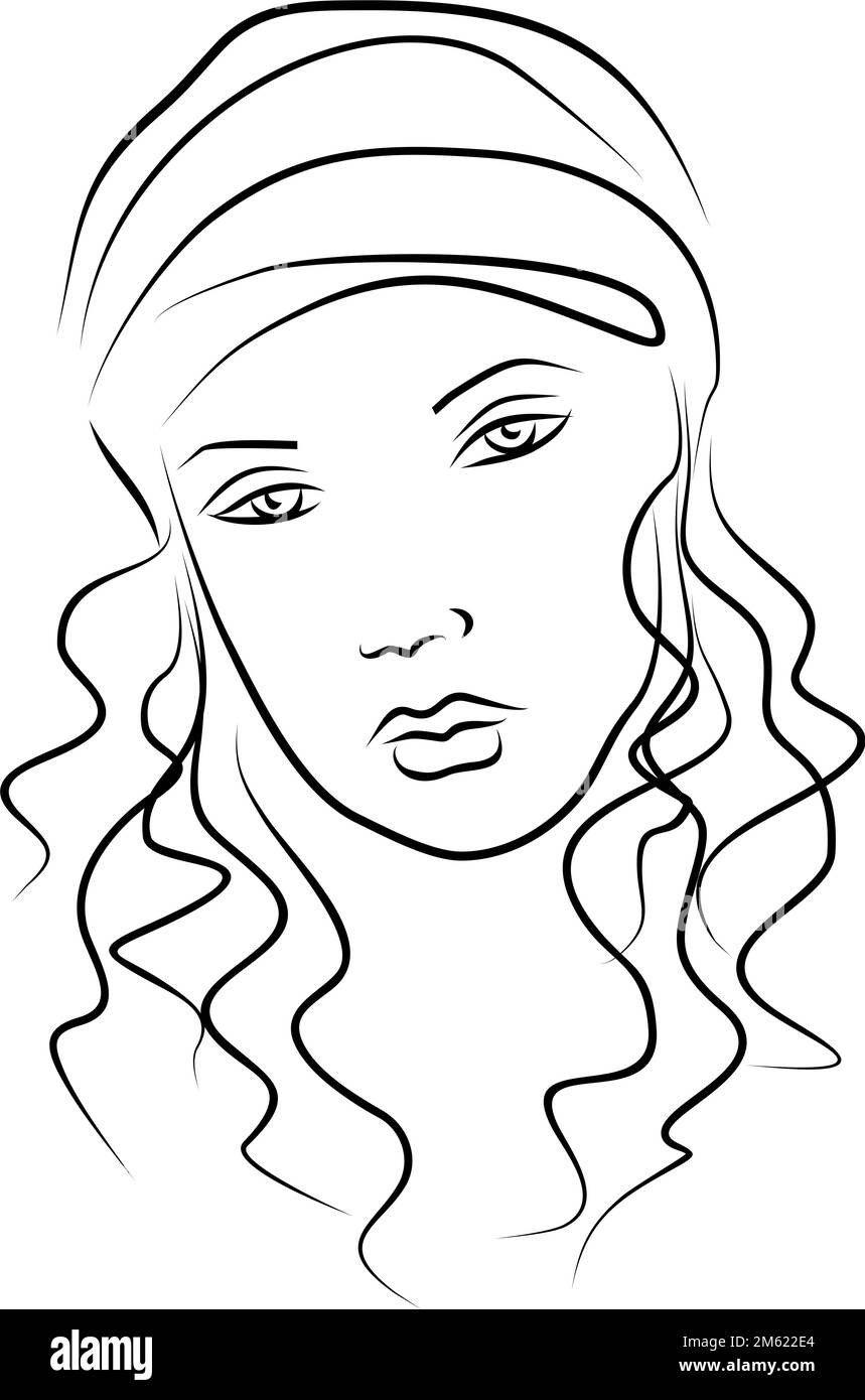 portrait linéaire abstrait noir et blanc d'une femme, graphiques monochromes, art, logo Banque D'Images