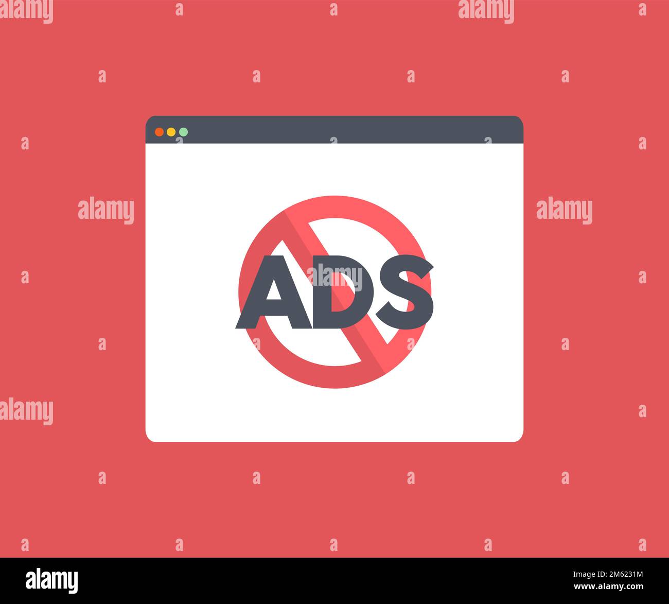 AUCUNE PUBLICITÉ ne s'affiche sur le navigateur Web. Bouton rond barré rouge. Signe Adblock, interdit, icône d'annonce interdite, supprimer le symbole d'annonce, bloquer le signe d'annonces. Illustration de Vecteur