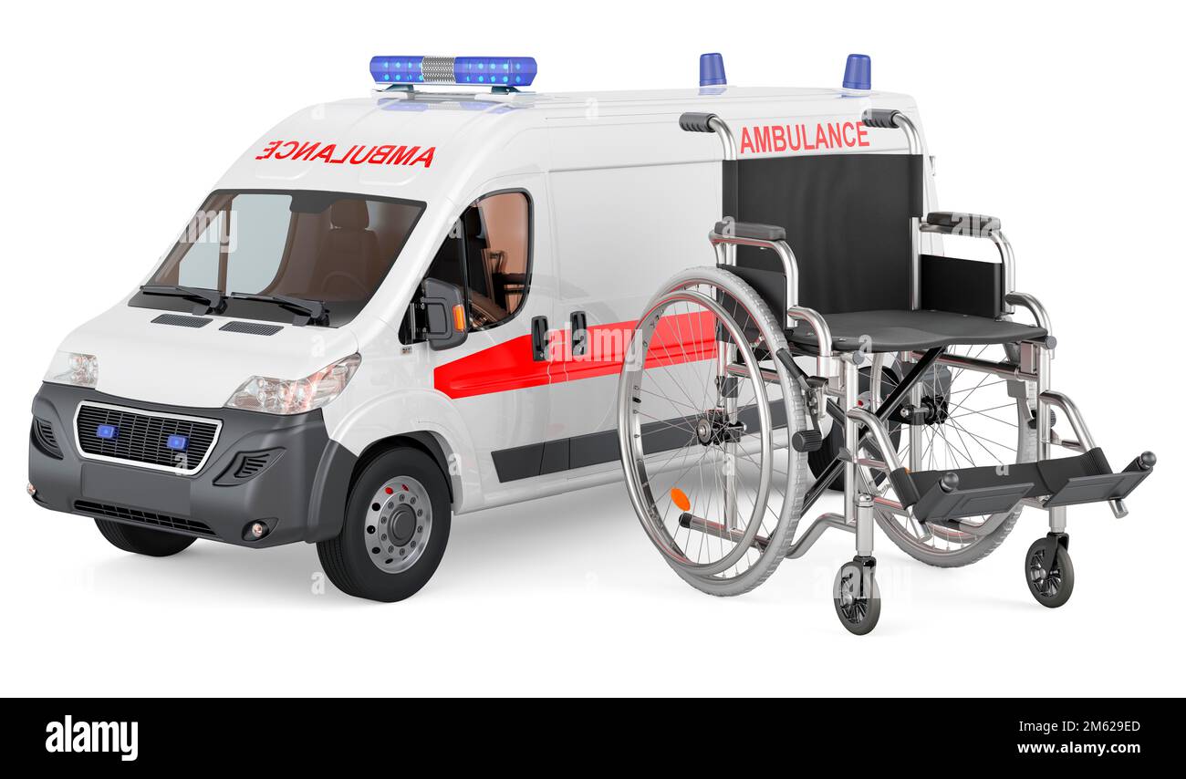 Fauteuil roulant avec minibus ambulancier, 3D rendu isolé sur fond blanc Banque D'Images