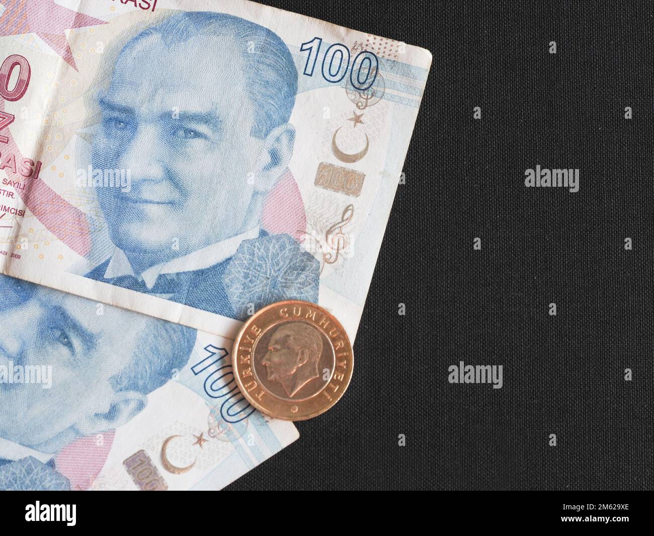 Dans cette illustration, des billets turcs de 100 lira avec un portrait de Mustafa Ataturk et une pièce de 1 lira vus. Banque D'Images