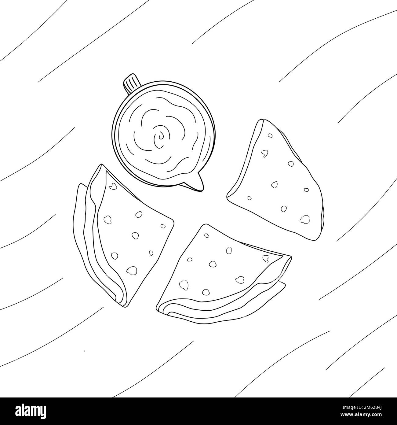 Tortillas de semoule de maïs et sauceboat pliés en triangle sur fond de bois. Dessin au trait Dessiné à la main. Cuisine latino-américaine traditionnelle. Isoler. Art. Ligne Bon pour poster, bannière, menu, prix ou web. EPS Illustration de Vecteur