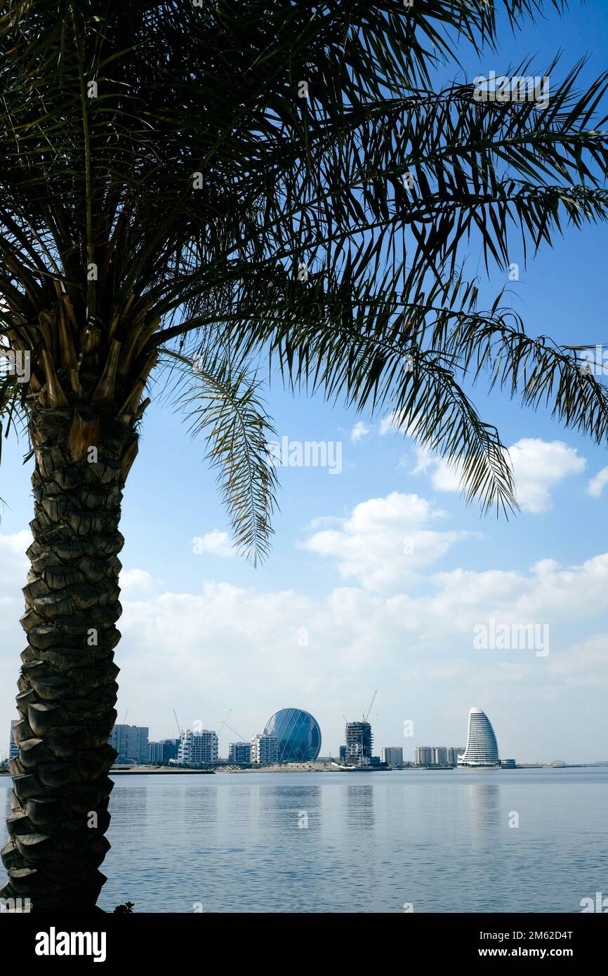 Vue sur le front de mer de Yas Bay, l'île de Yas, Abu Dhabi Banque D'Images