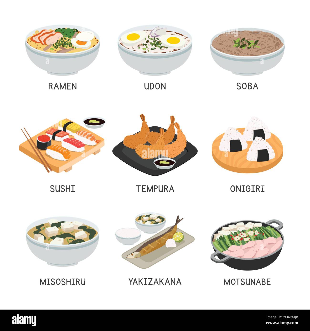 Ensemble de vecteurs alimentaires japonais. Ensemble de plats célèbres dans l'illustration vectorielle plate japonaise, dessin animé clipart. Sushi, Ramen, Udon, Soba, Tempura, . Cuisine asiatique Illustration de Vecteur