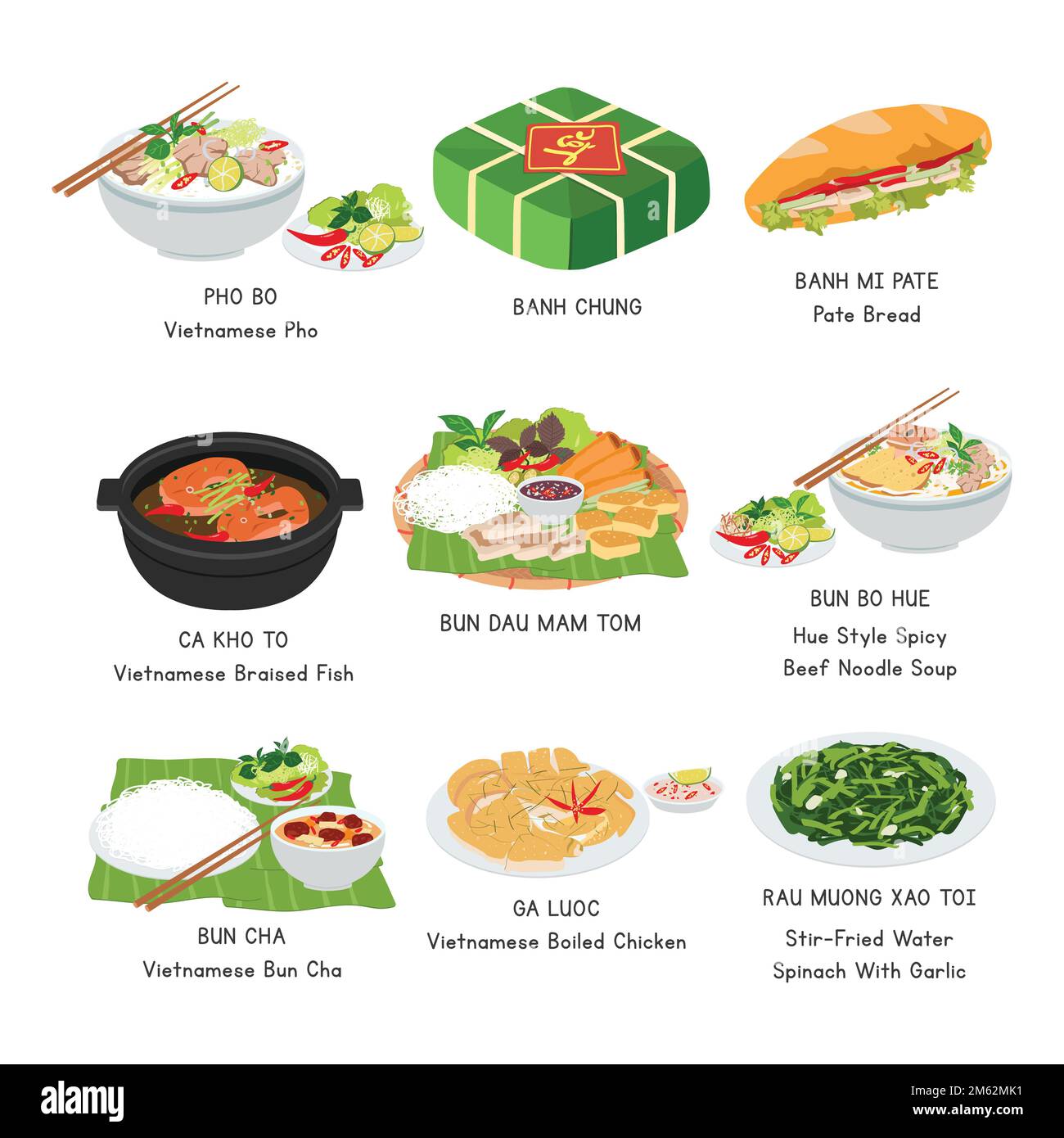 Ensemble de vecteurs alimentaires vietnamiens. Ensemble de plats célèbres dans l'illustration du vecteur plat du Vietnam, dessin animé de clipart. Banh mi, Pho, Bun Cha, Banh Chung. Cuisine asiatique Illustration de Vecteur