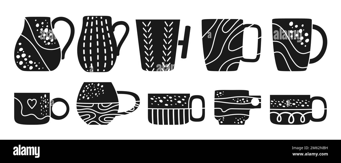 Ensemble tasse mug à imprimé gravure. Différents motifs et formes tendance estampent. Vaisselle en céramique faite, thé café boissons théière presse album. Porcelaine tasses mugs taches, texturées, rayures ornement Illustration de Vecteur