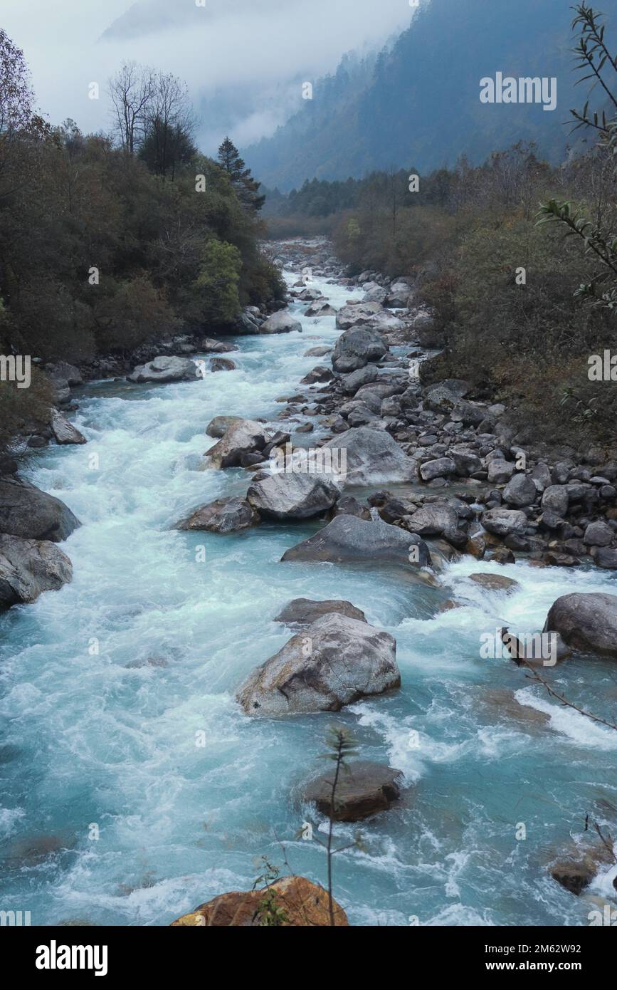 belle rivière lachung qui coule à travers la pittoresque vallée de montagne à lachung à sikkim, inde Banque D'Images