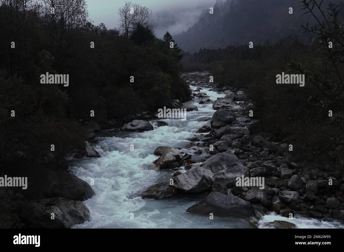 belle rivière lachung qui coule à travers la pittoresque vallée de montagne à lachung à sikkim, inde Banque D'Images