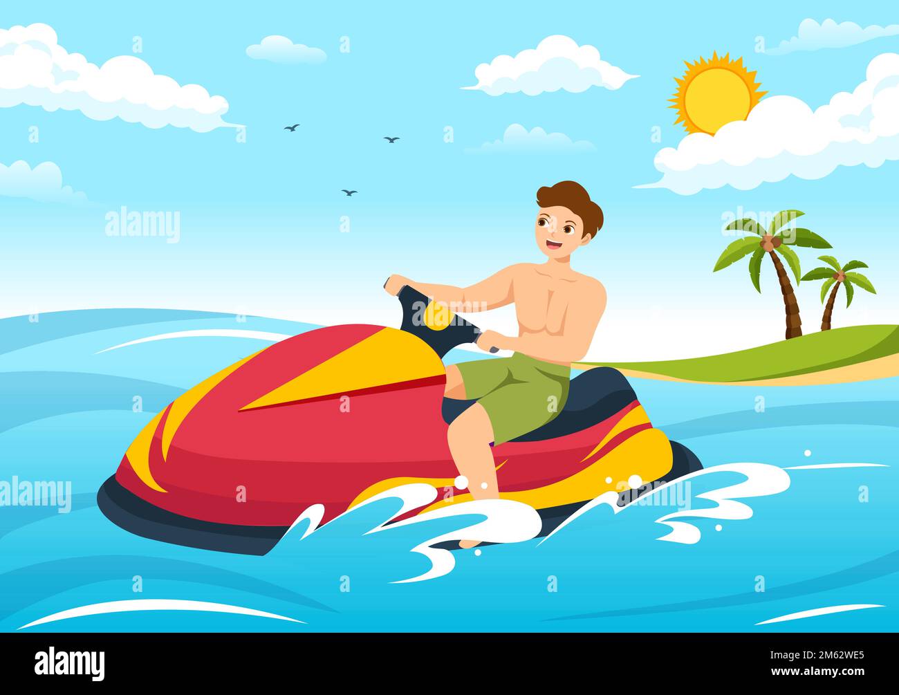 Les gens font du jet ski Illustration vacances d'été Loisirs, sports aquatiques extrêmes et activités de la plage de la station en dessin main modèle de dessin de dessin de dessin à plat Illustration de Vecteur