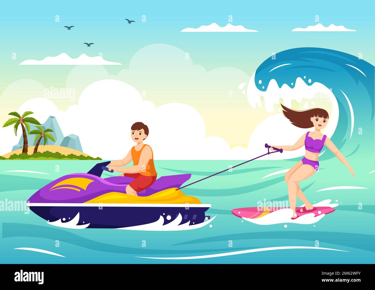 Les gens font du jet ski Illustration vacances d'été Loisirs, sports aquatiques extrêmes et activités de la plage de la station en dessin main modèle de dessin de dessin de dessin à plat Illustration de Vecteur