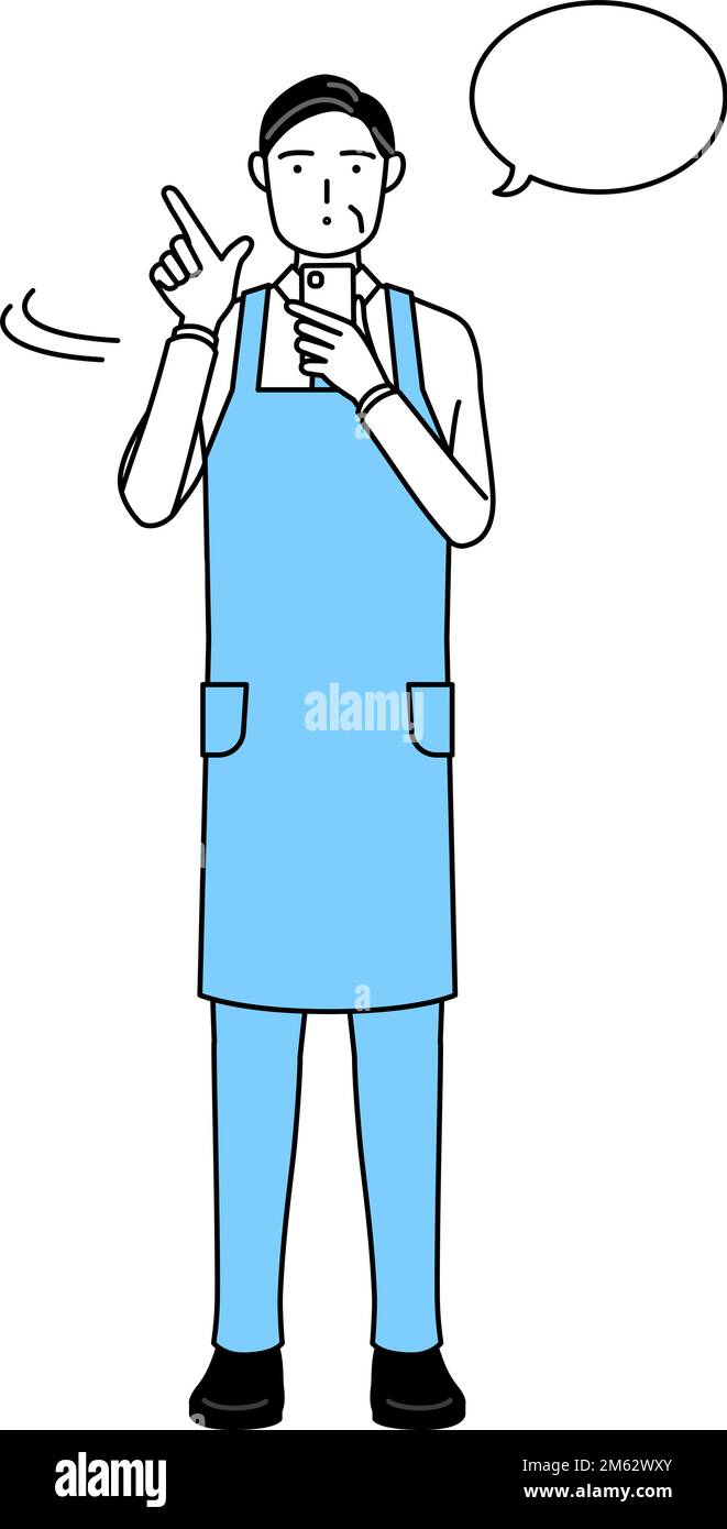 Un homme âgé dans un tablier qui utilise un smartphone. Illustration de Vecteur