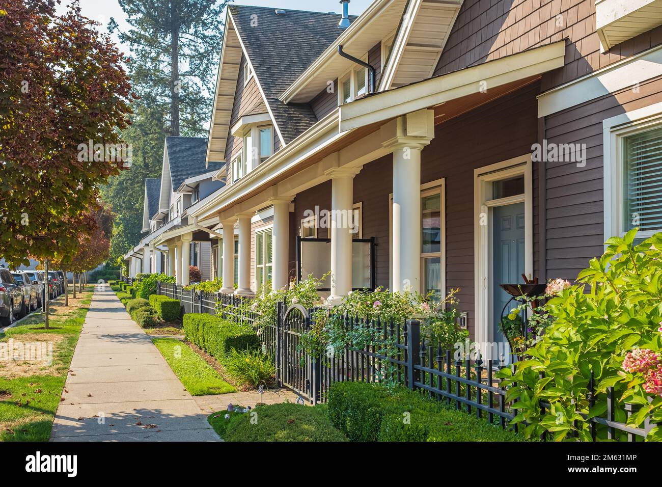 Maisons en banlieue en été en Amérique du Nord. Maisons avec beau paysage. Maisons dans un beau quartier résidentiel Banque D'Images