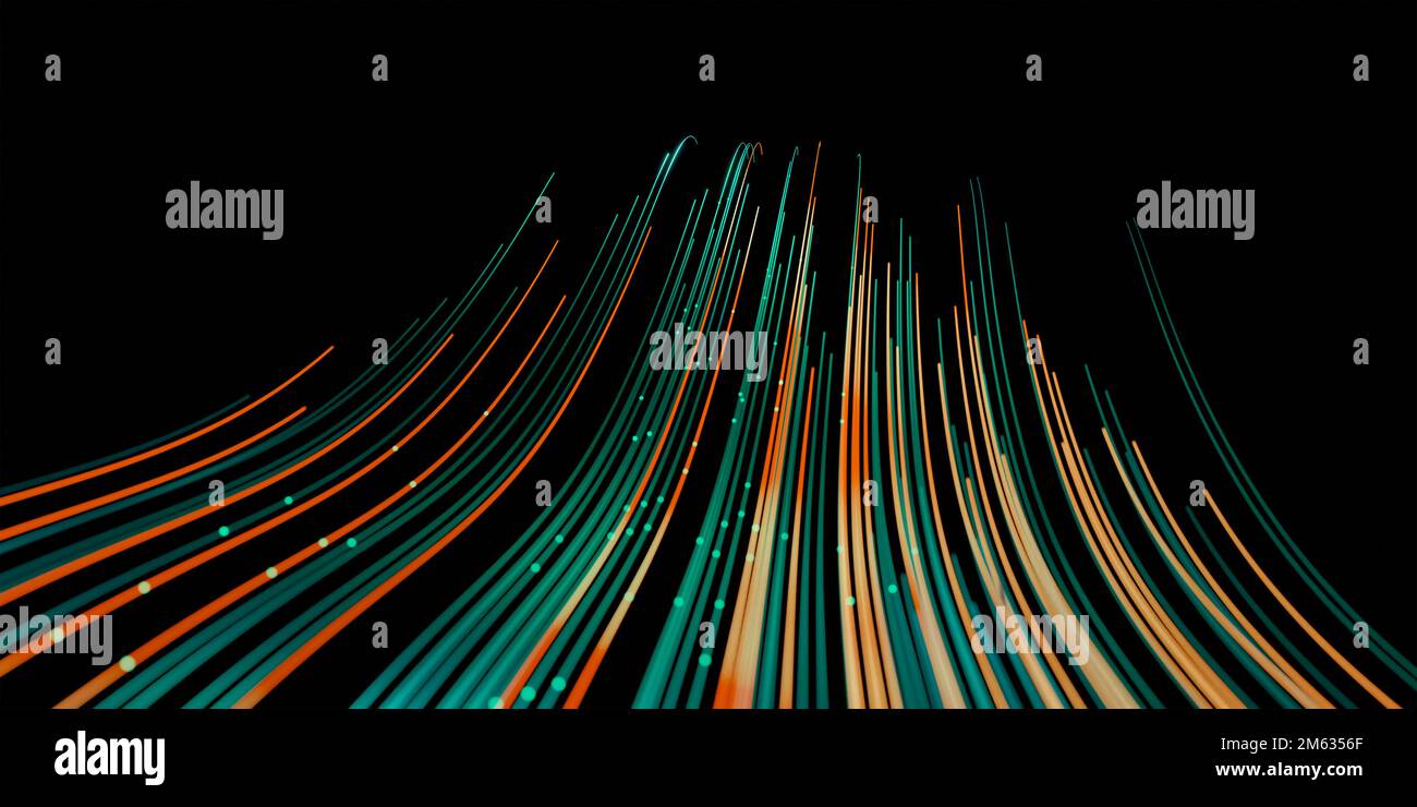 Les lignes ondulées retracent les lignes dynamiques en vert et orange isolées sur fond noir. IA technologie, science, numérique et concept de communication. Banque D'Images