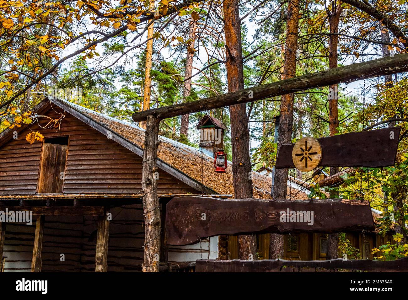 Ancienne maison en bois dans une forêt profonde. Banque D'Images