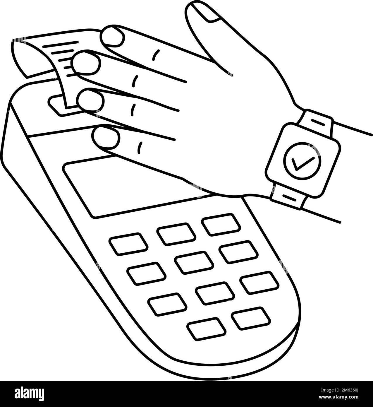 Regardez avec la fonction NFC. Paiement Smart Watch avec le terminal POS. Application bancaire mobile et paiement électronique. Paiement sans fil NFC sans contact. Paiements NFC sans fil. Illustration de Vecteur
