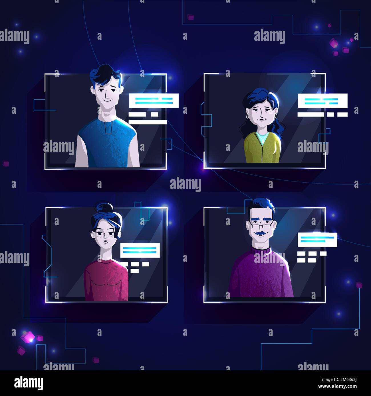 Les gens modernes avatars dans des vêtements décontractés, ensemble vector dessin animé illustration. Hommes et femmes avec des visages et des cheveux individuels, dans un cadre numérique clair sur fond d'ordinateur bleu foncé, image pour le profil web Illustration de Vecteur