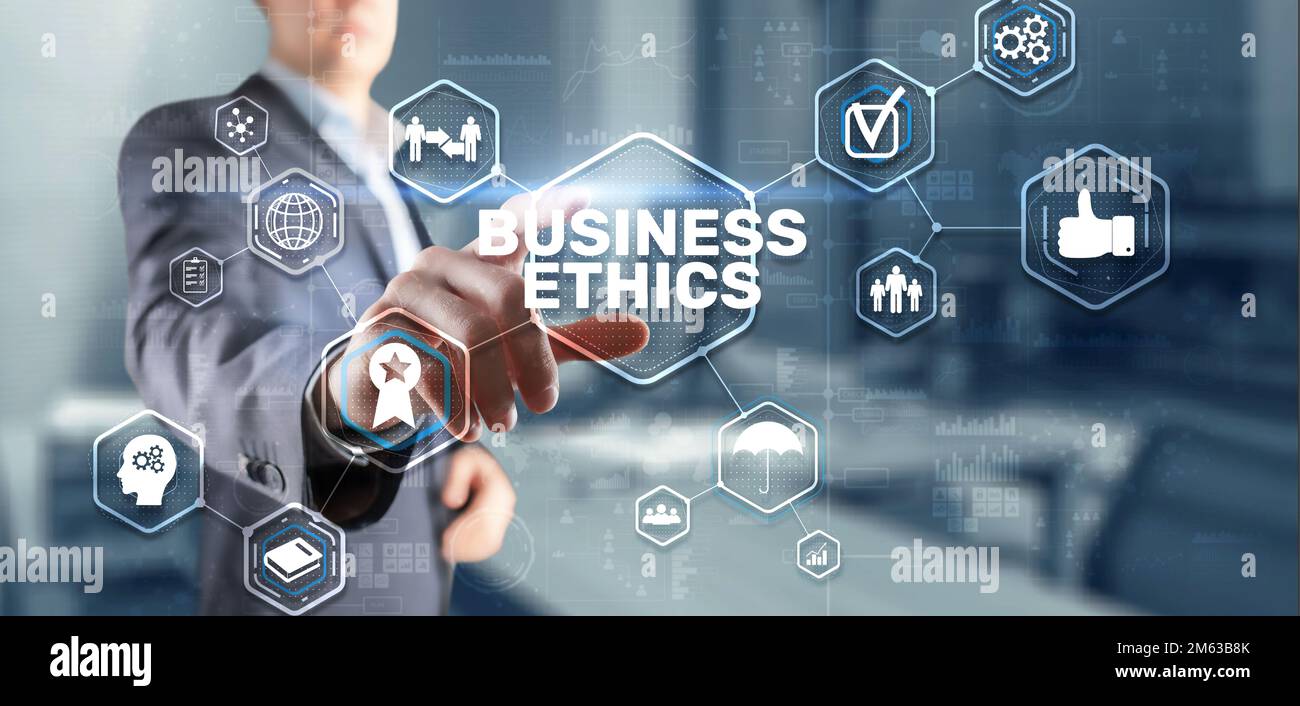 Concept de comportement et de manières en matière d'éthique commerciale. Homme d'affaires en appuyant sur le bouton sur l'écran virtuel Banque D'Images