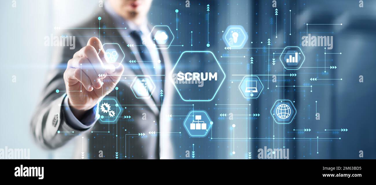 Homme d'affaires appuie sur un bouton Scrum processus logiciel de développement concept de contour Banque D'Images