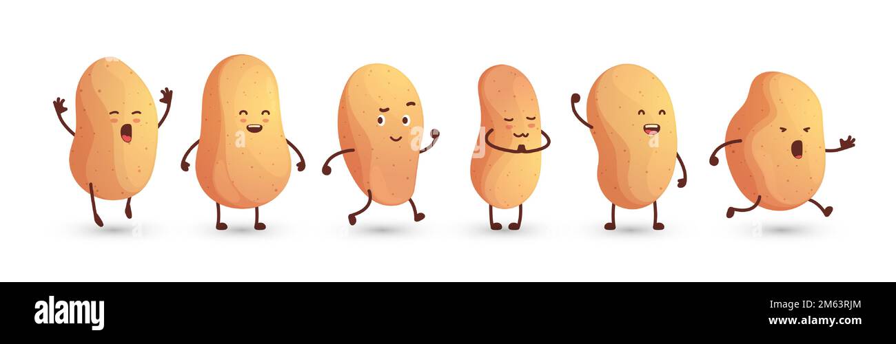Patate de dessin animé. Personnages tubéreux amusants avec visages souriants, amuse-gueules de produits végétaux mignons avec différents styles d'émotions. Vecteur coloré ensemble d'illustration de nourriture de dessin animé, le personnage de sourire pomme de terre Illustration de Vecteur