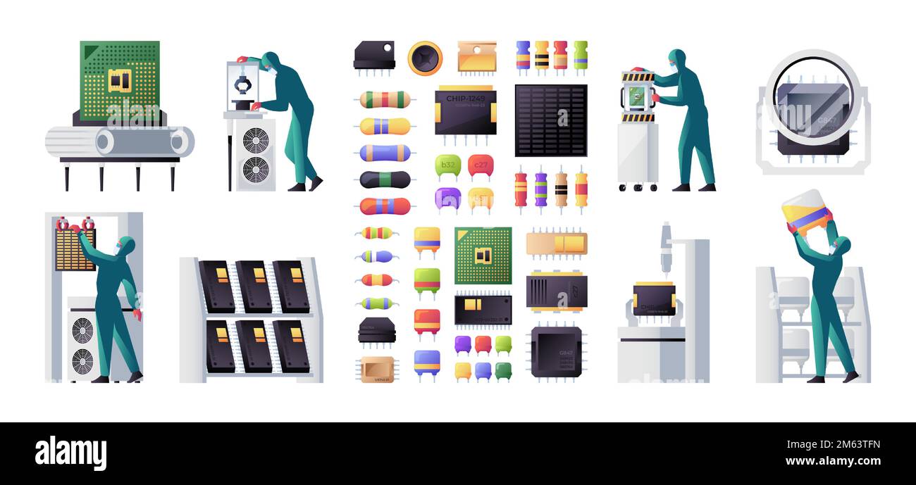 Fabrication de semi-conducteurs. Production de circuits électroniques avec équipement de laboratoire informatique, service de dispositifs matériels. Ensemble de pièces vectorielles plates pour la fabrication électronique, la micropuce et l'illustration de l'équipement Illustration de Vecteur