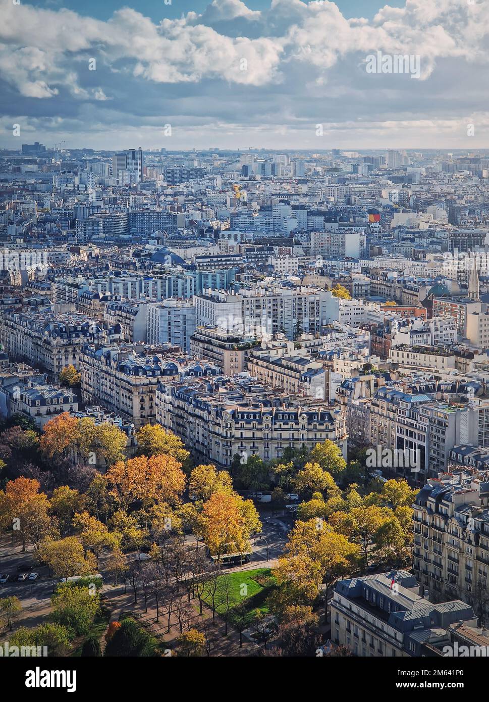 Vue verticale du paysage urbain de Paris depuis la hauteur de la tour Eiffel, France. Scène d'automne avec arbres colorés Banque D'Images