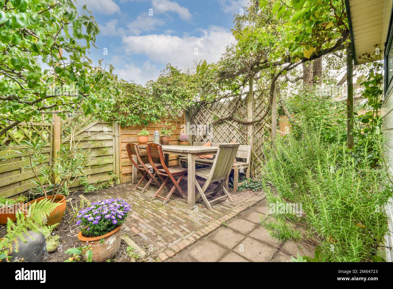 un patio extérieur avec une table, des chaises et des plantes en pot en arrière-plan est un jardin clôturé en bois Banque D'Images