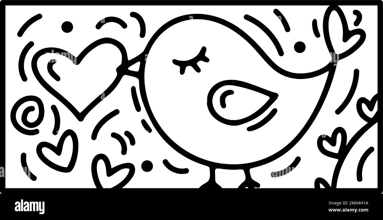Composition vectorielle de la Saint-Valentin heureux oiseau et coeur. Main dessiné amour constructeur logo dans rectangle cadre horizontal pour carte de voeux, web Illustration de Vecteur
